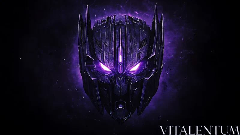 Robotic helmet with glowing purple eyes rendered in 3D