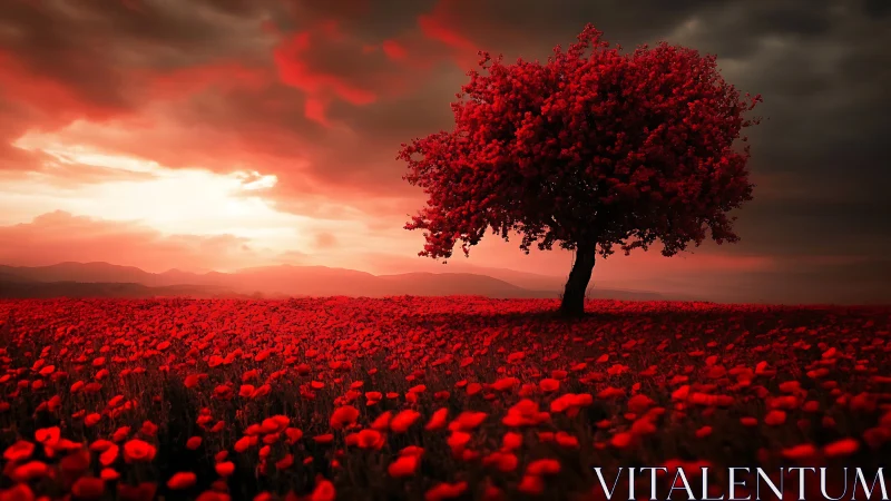 Solitary red tree dominates glowing poppy field at dusk