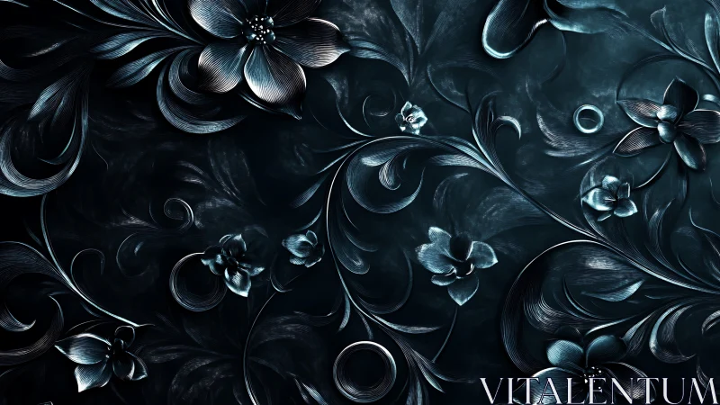 Metallic teal floral scrollwork over deep shadowed field.