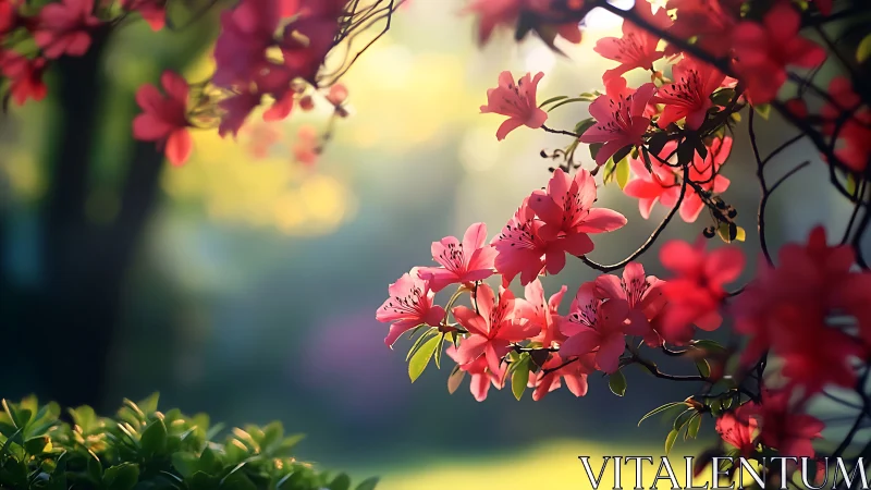 Backlit Azaleas with Atmospheric Depth and Bokeh.