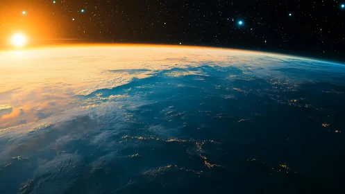 Sunrise over Earth horizon reveals glowing atmosphere