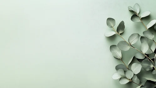 Eucalyptus branch rests on soft mint green textured surface.