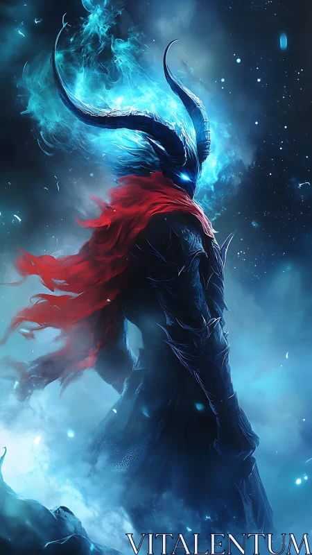 Horned spectral warrior strides through icy celestial mist