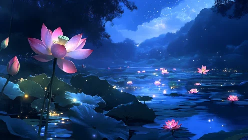 Luminous lotus blooms reflect across tranquil moonlit pond