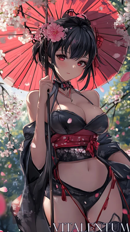 Anime girl in black kimono lingerie under red parasol, sakura