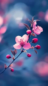 Macro view of pink blossoms on blurred blue background.