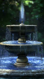Sunlit garden fountain singing in sapphire cascades.