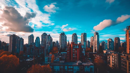 Photorealistic high-rise skyline with saturated urban color grading.