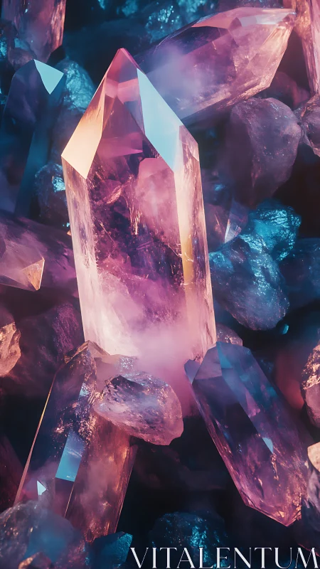 Iridescent quartz crystal cluster rendered with cinematic lighting