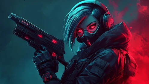 Neon-eyed masked operative with cyber rifle in red teal haze.