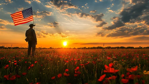 Sunset field silhouette of soldier holding US flag in poppy meadow