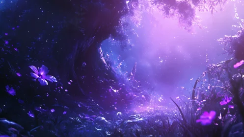 Enchanted violet forest glade under ethereal moonlight.