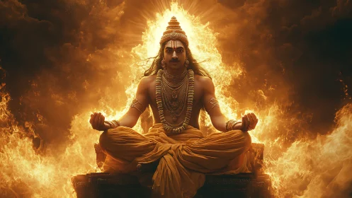 Meditating male figure sits before intense surrounding flames