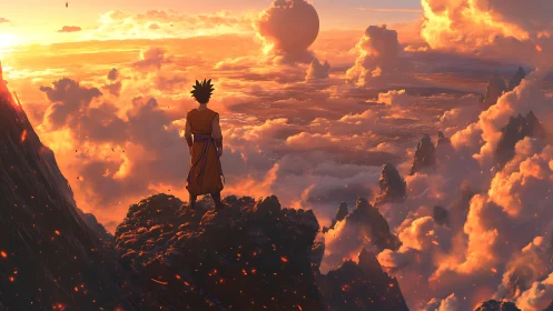 Sunset warrior gazing over blazing clouds and peaks.