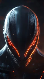 Futuristic armored android helmet glows with molten lines