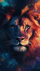 Cosmic lion portrait split by fire and shadow light.