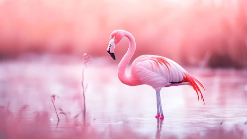 Elegant Pink Flamingo Standing in Serene Water, Soft Pastel Style.