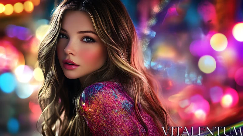 Neon-lit portrait highlights shimmering sequin jacket glow.