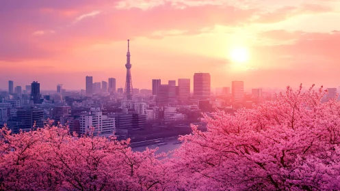 Urban skyline and cherry blossoms are shown under sunset light
