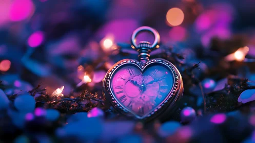 Heart-shaped pocket watch glows in neon bokeh fantasy lighting