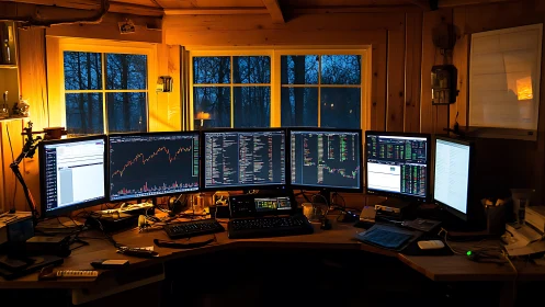 Multi-monitor trading workstation glows against twilight windows