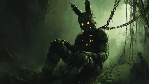 Lonely chained robot rabbit rests quietly in a misty swamp