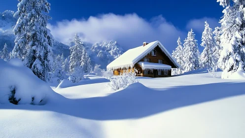 Snow-laden alpine cabin rendered in crisp photoreal clarity