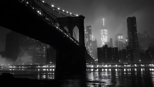 Midnight bridge cuts a neon river of misty city light
