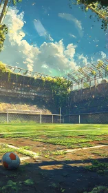 Sunny overgrown soccer field waiting for one more game.