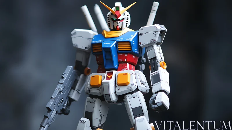 Highly detailed Gundam style robot model with rifle.
