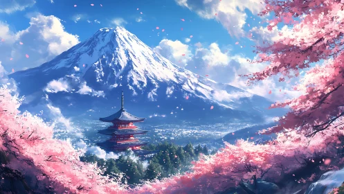 Snowy mountain overlooks pagoda and cherry blossom valley