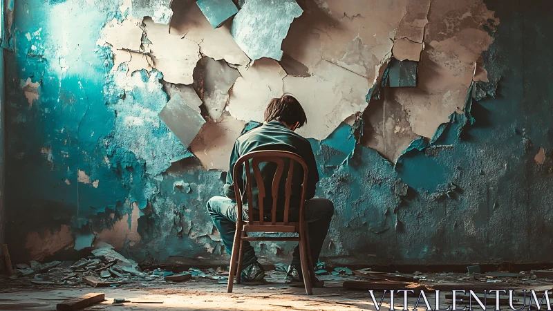 Quiet reflection in a crumbling, teal-tinted room of memory.