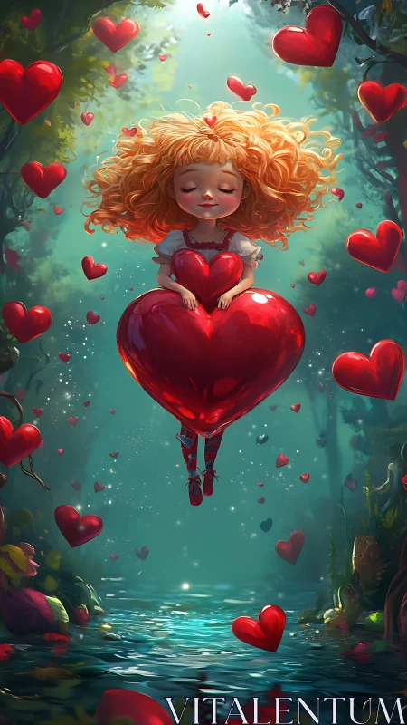 Scarlet Reverie: Girl Ascending Through Hearts.
