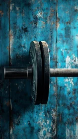 Iron barbell waits against weathered turquoise wooden wall.