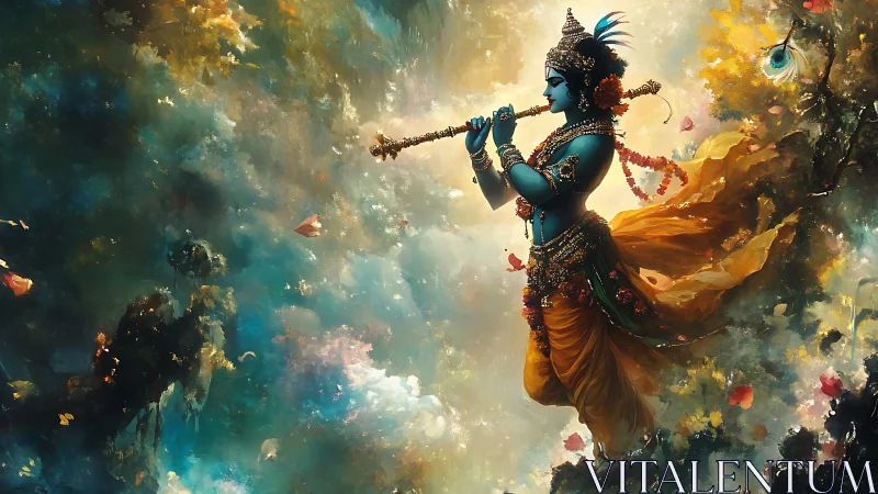 Celestial flute player drifts through glowing cosmic clouds