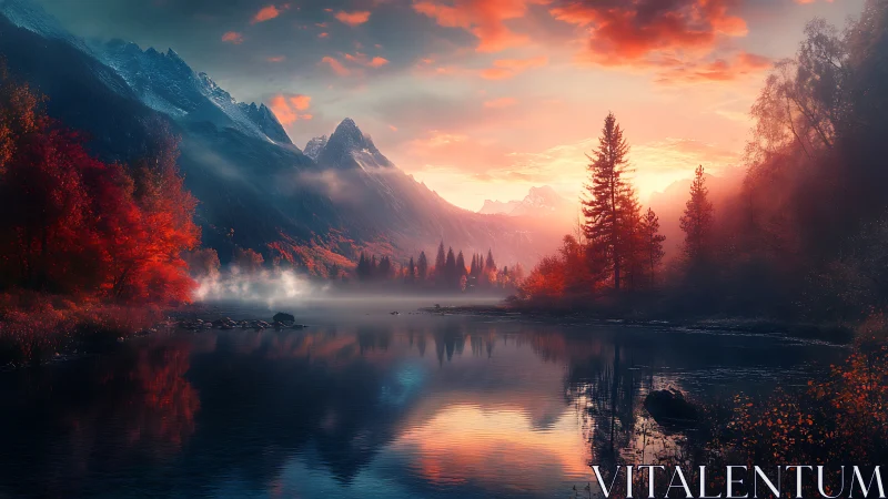 Sunlit autumn mountains cradle a peaceful reflective lake