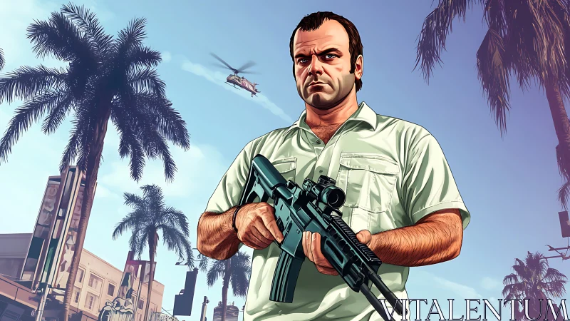 Armed tough figure beneath sunlit palms in stylized cityscape.
