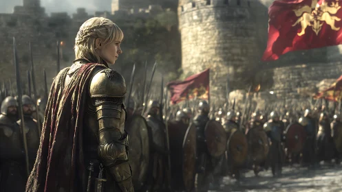 Golden knight pauses as a restless crimson army breathes