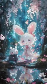 Luminescent chibi rabbit under cascading sakura canopy at pond