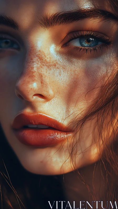 Sunlit freckles and soft copper lips in gentle closeup.