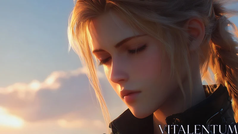 Profile portrait of blonde woman in soft sunset light.