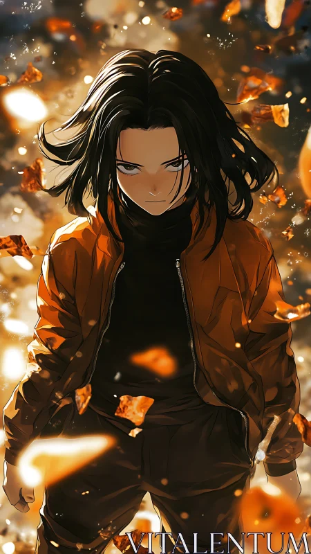 Intense anime fighter commands blazing golden shards.