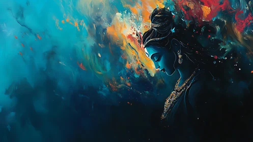 Profile of jeweled woman in abstract teal and flame space.