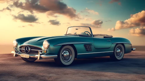 Sunlit teal roadster poised on coastal overlook at dusk.