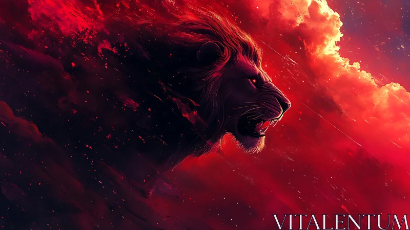 Fierce cosmic lion roars through glowing crimson nebula sky