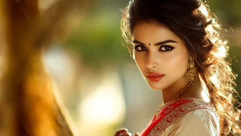 Elegant Indian woman in traditional attire with golden sunlight.
