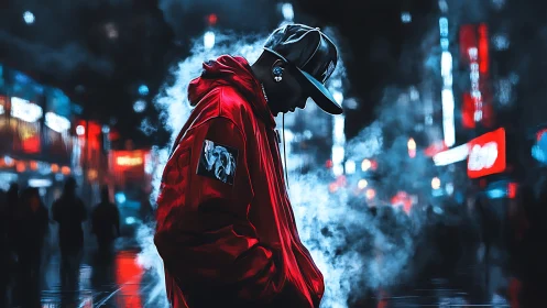 Moody night city stroll with a lone listener in red.