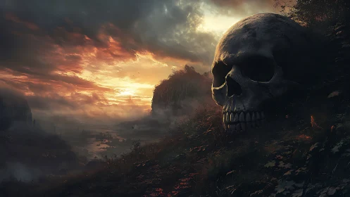 Sunset light pours over a silent valley of a giant skull