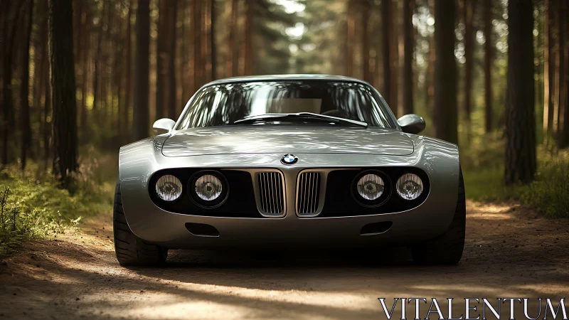Silver forest prowler: retro BMW gliding through pines.