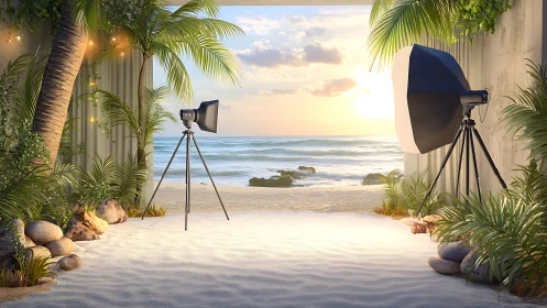 Studio lighting setup overlooking serene tropical beach sunset.